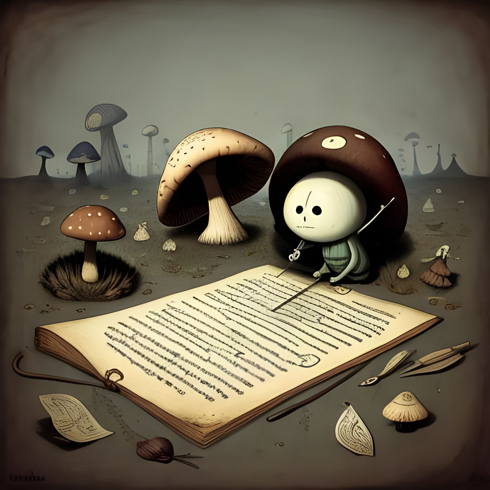 Mushroom Quill on Parchment: Dark Fantasy Line Art
