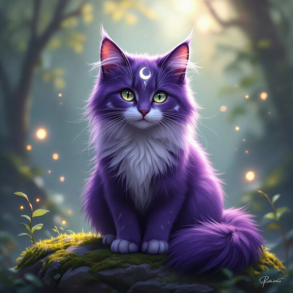 Majestic Purple Cat with Moon Emblem Digital Painting