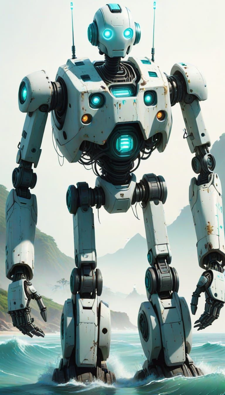 Cybernetic Robot Emerges from Ocean Waves in Vibrant Turquoi...