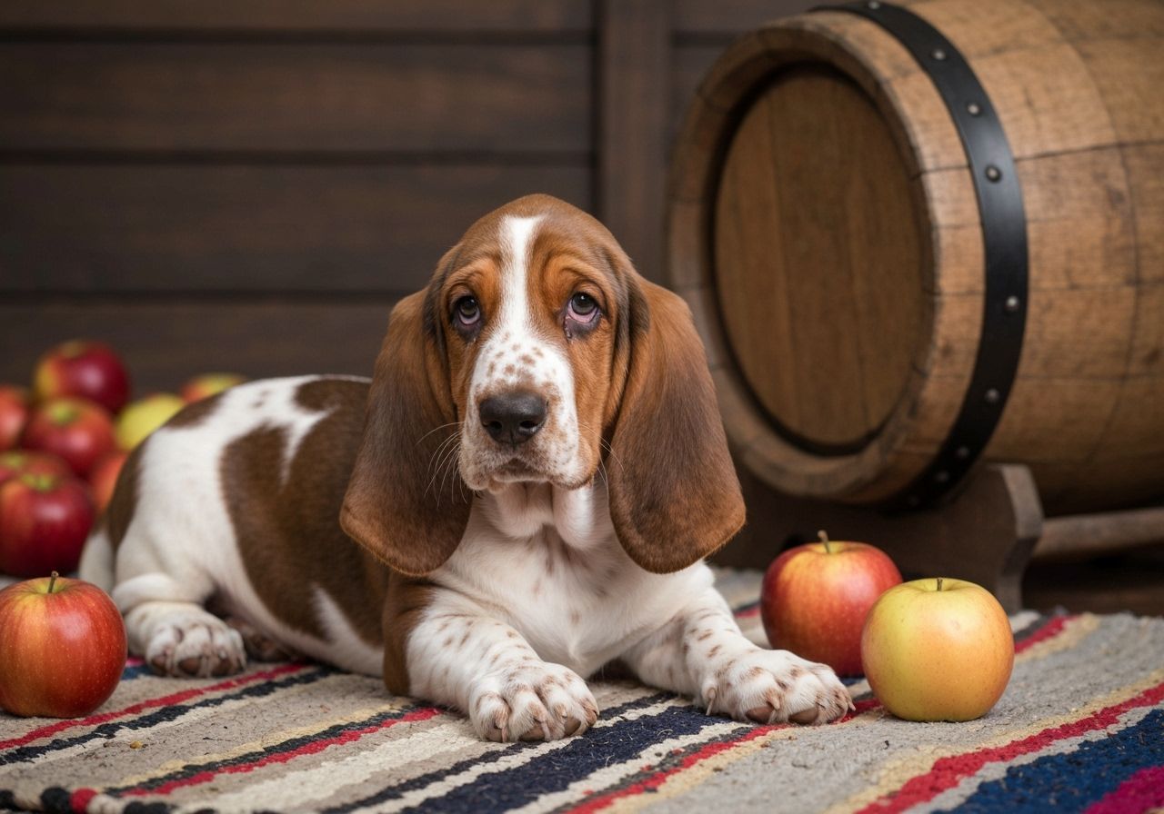 Basset Hound Puppy Amidst Apples on Woven Rug