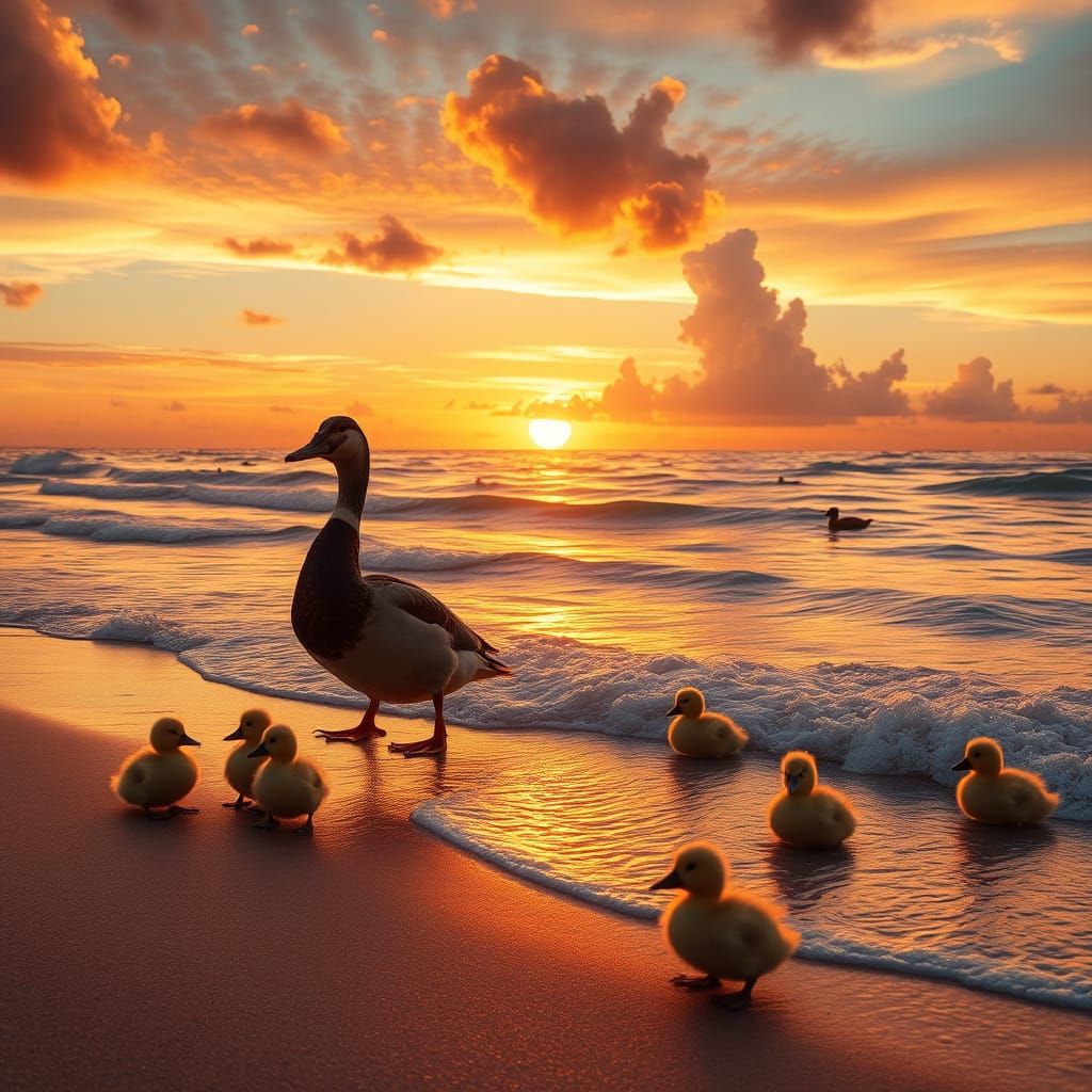 Serene Sunset Duck Family on Beach