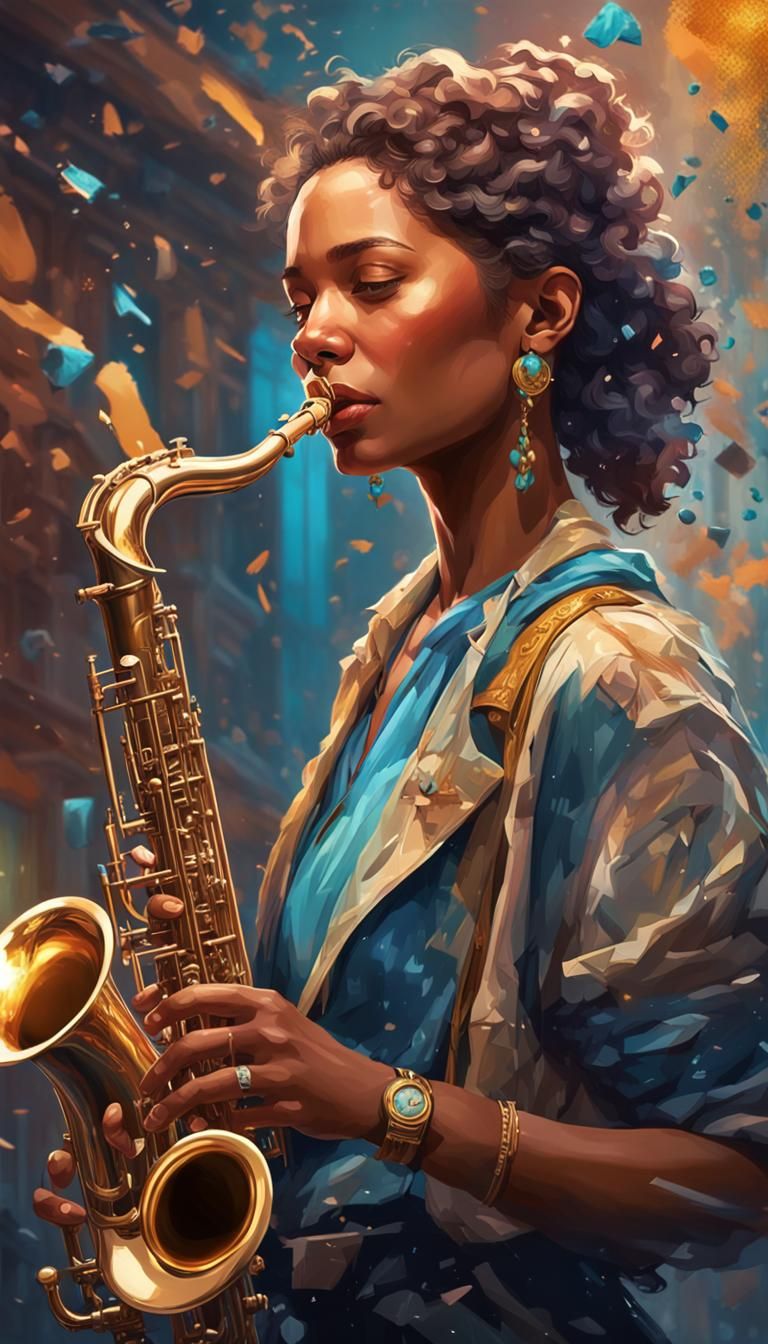 Woman Playing Saxophone in Detailed Digital Art