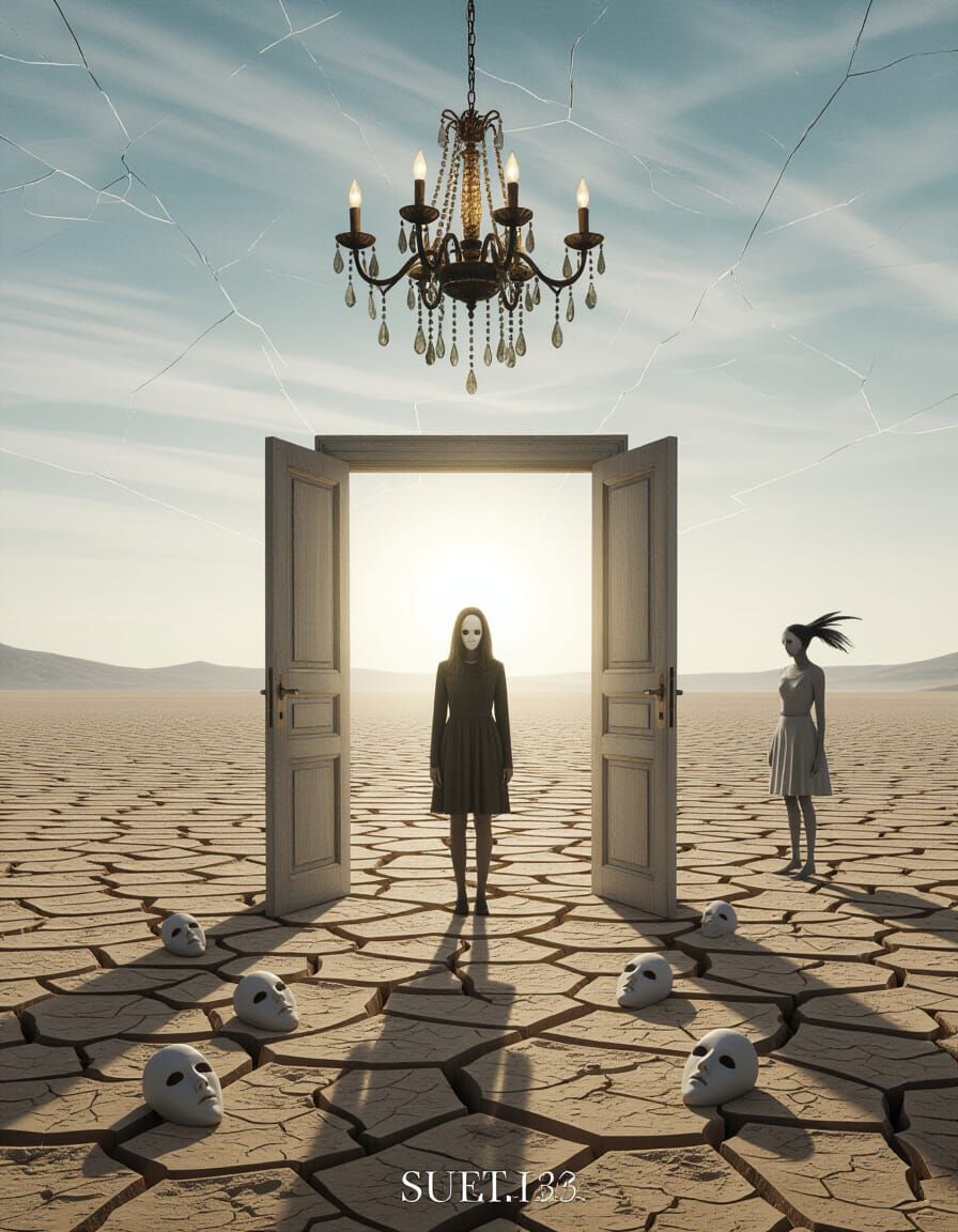 Surreal Horror in Wasteland with Open Doors and Chandelier