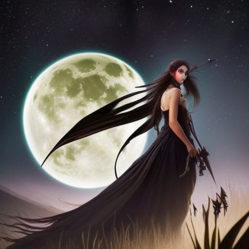 Epic Witch Under Full Moon, Art Nouveau Style