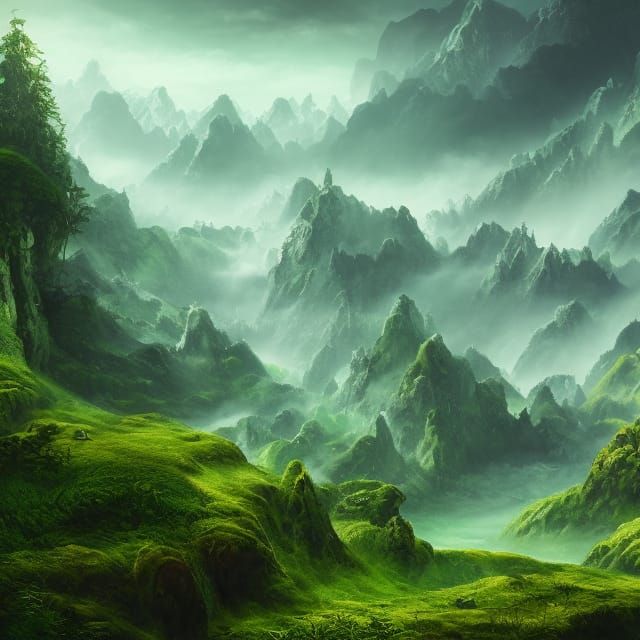 Lush Green Mountains in Fantasy Landscape Art