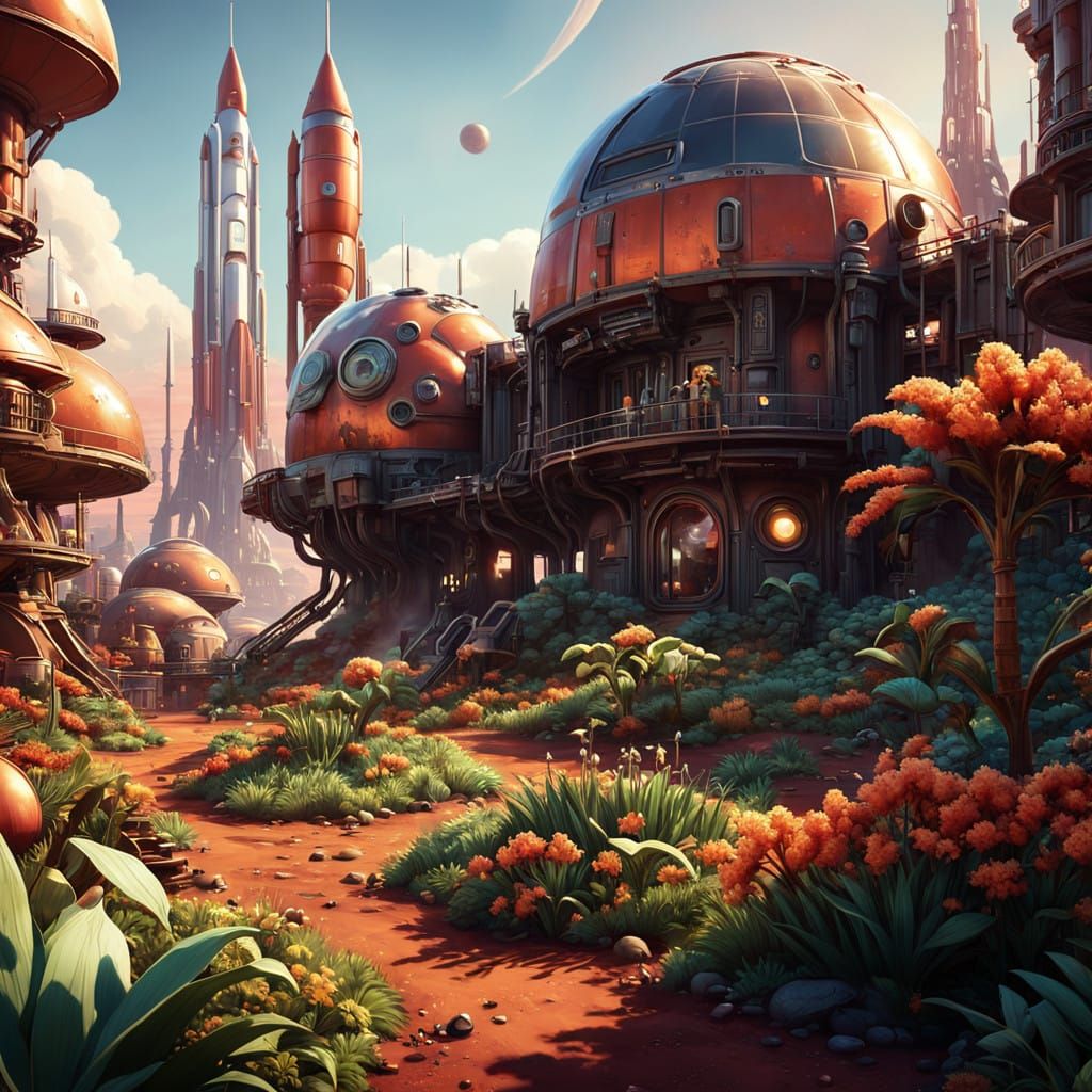Retro Futuristic Mars Colony in Vibrant Digital Art