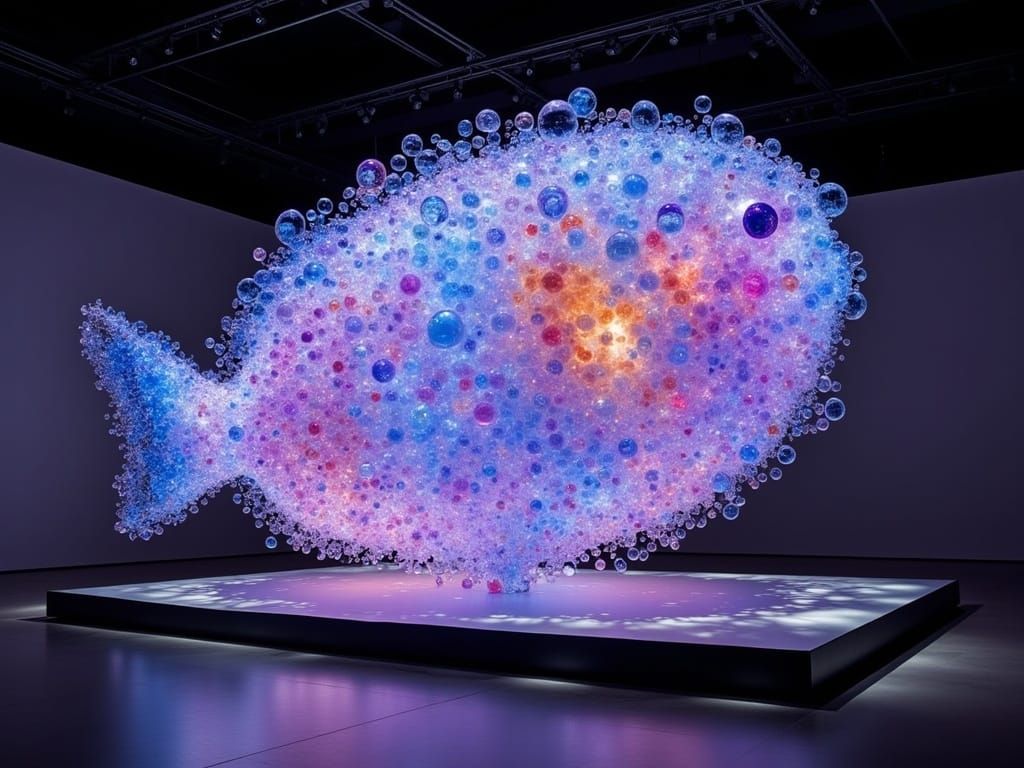 Glass Marble Puffer Fish Sculpture in Futuristic Exhibition