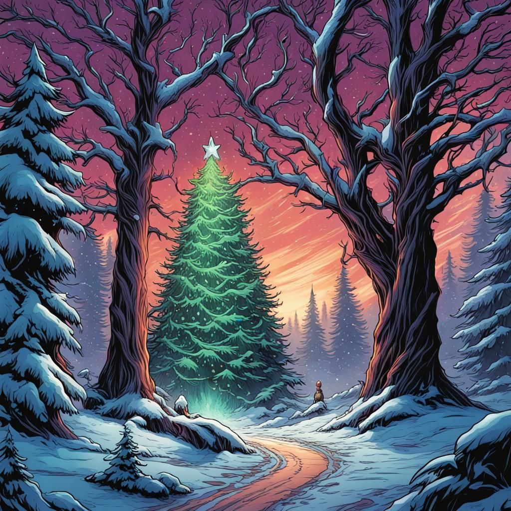 Colorful Christmas Tree in Winter Wonderland