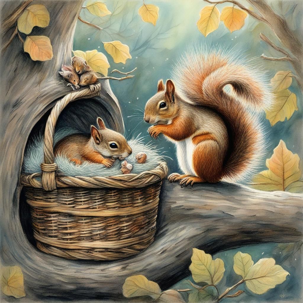 Squirrel Nurturing Baby in Cozy Tree Hollow