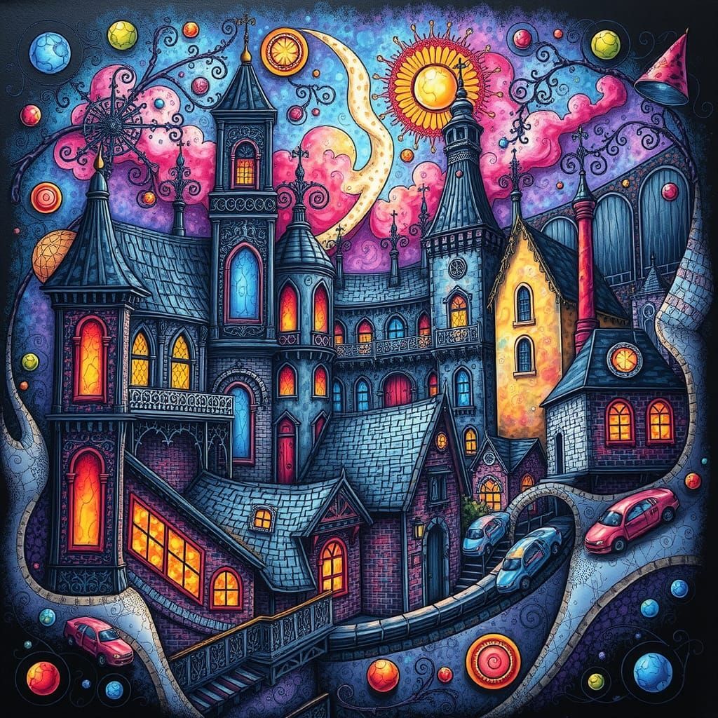 Psychedelic Renaissance Village in Alcohol Ink Style