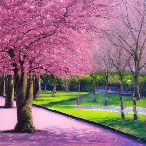 Cherry Blossoms in Park as Oil Painting