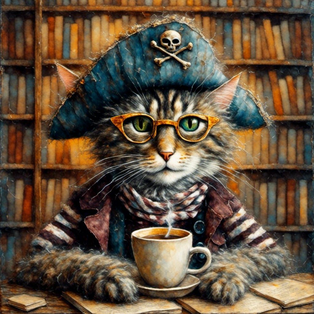 Pirate Cat Sipping Coffee: Encaustic Art Portrait