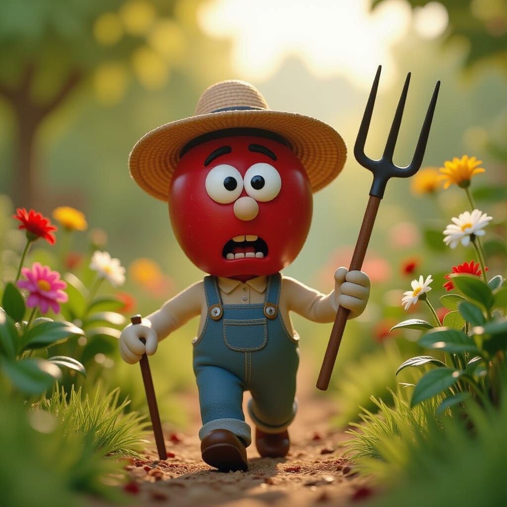 Claymation Apple Character in Gardener's Hat Holding Pitchfo...