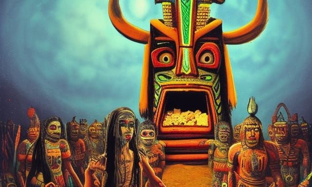Aztec Sacrifice in Dark Psychedelic Horror Style