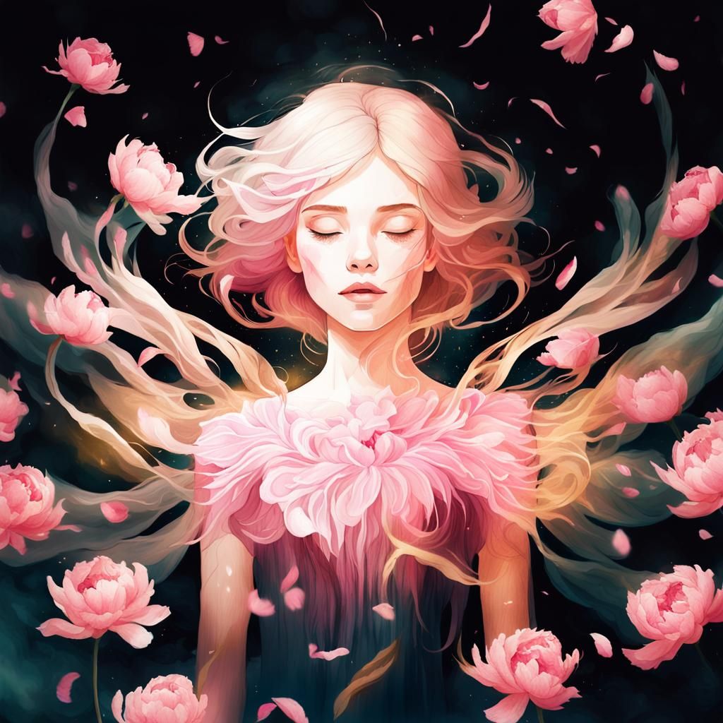 Enchanting Mage Surrounded by Pink Peonies
