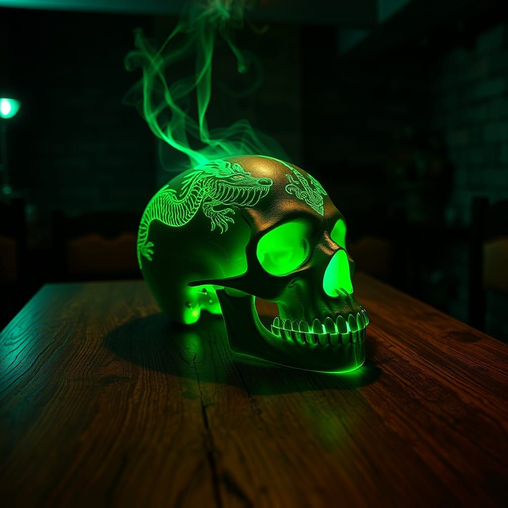 Bioluminescent Emerald Skull in Eerie Basement