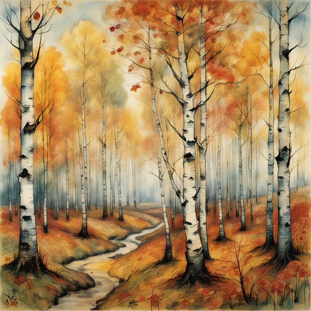 Autumn Birch Trees in a Stylized Landscape