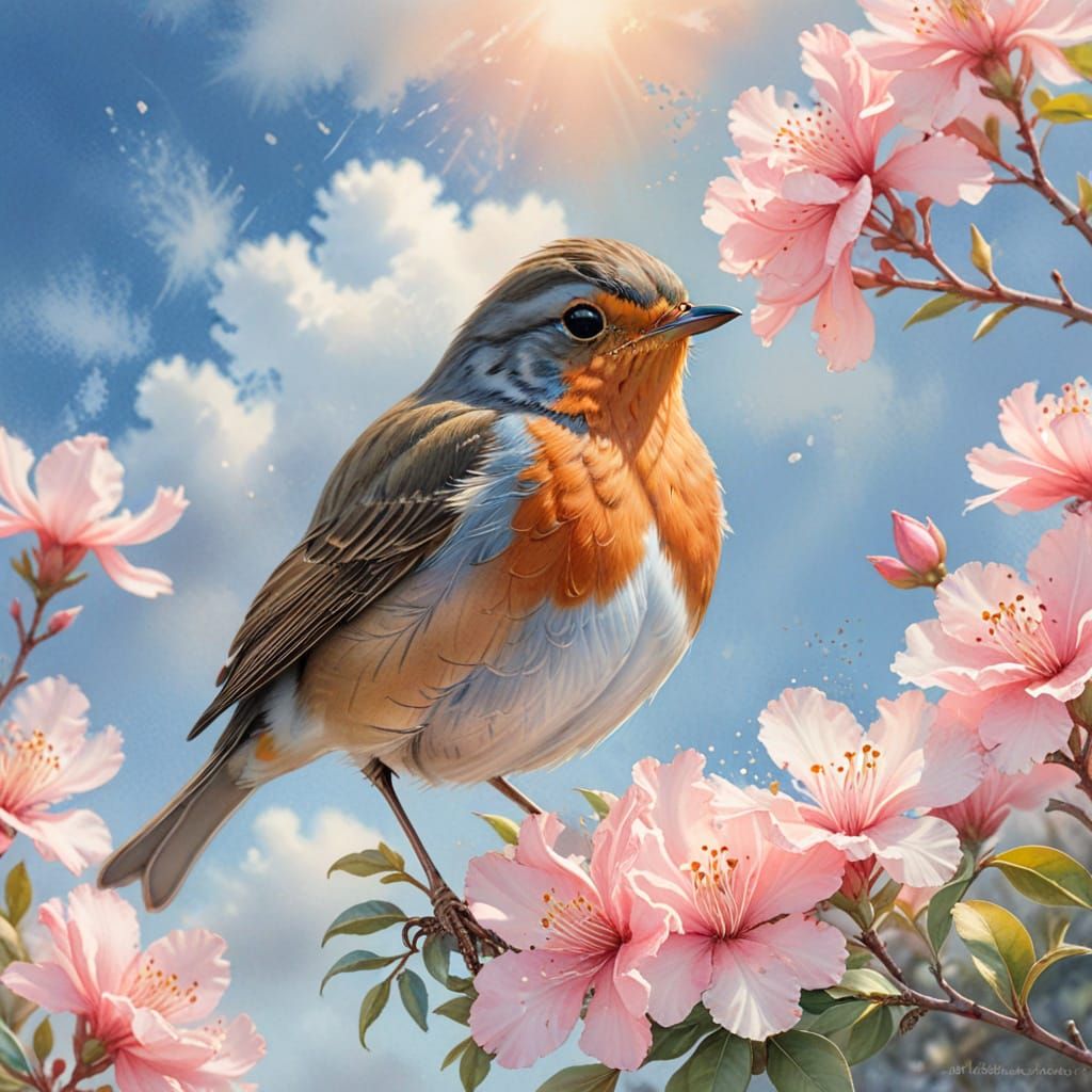 Robin in Azalea: Whimsical Watercolor Art