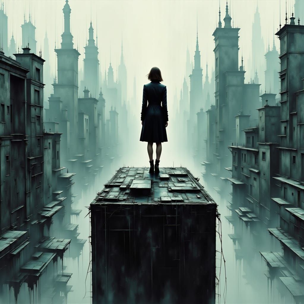 Cyborg Woman Overlooks City Abyss