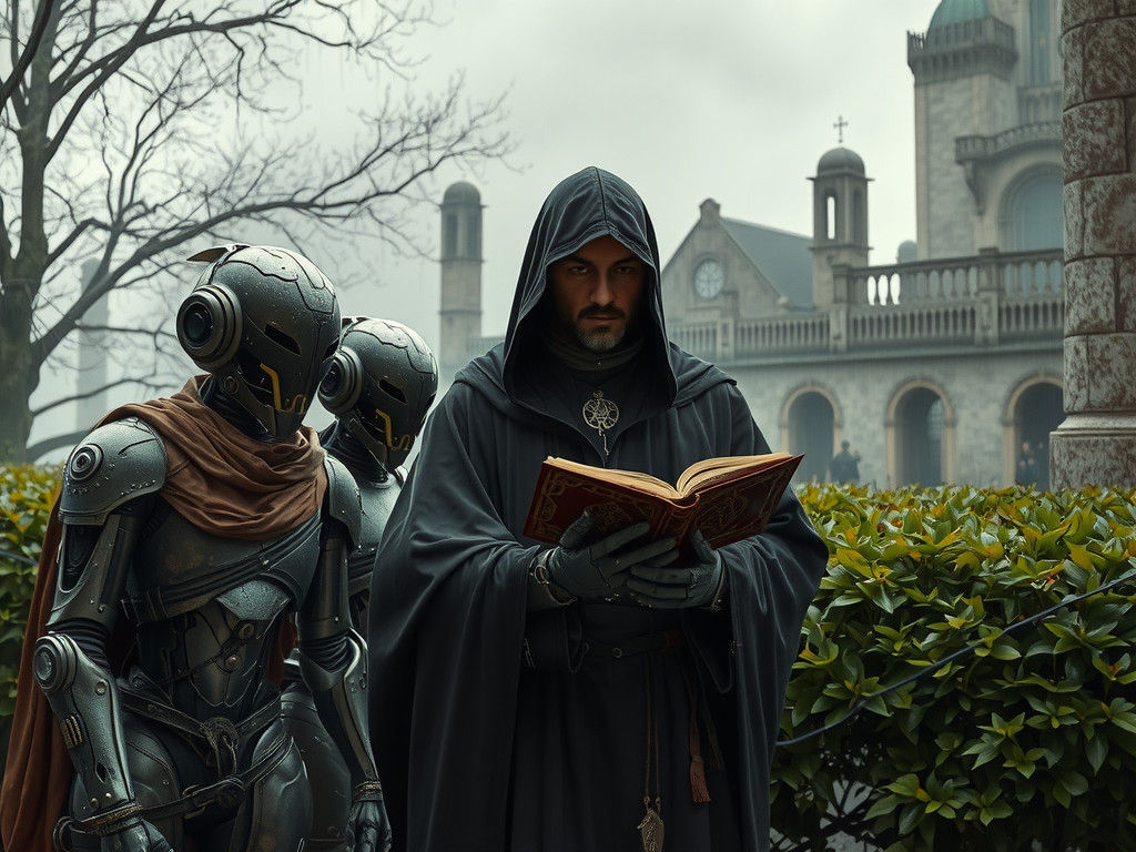 Misty Robot Gathering in Art Nouveau Style