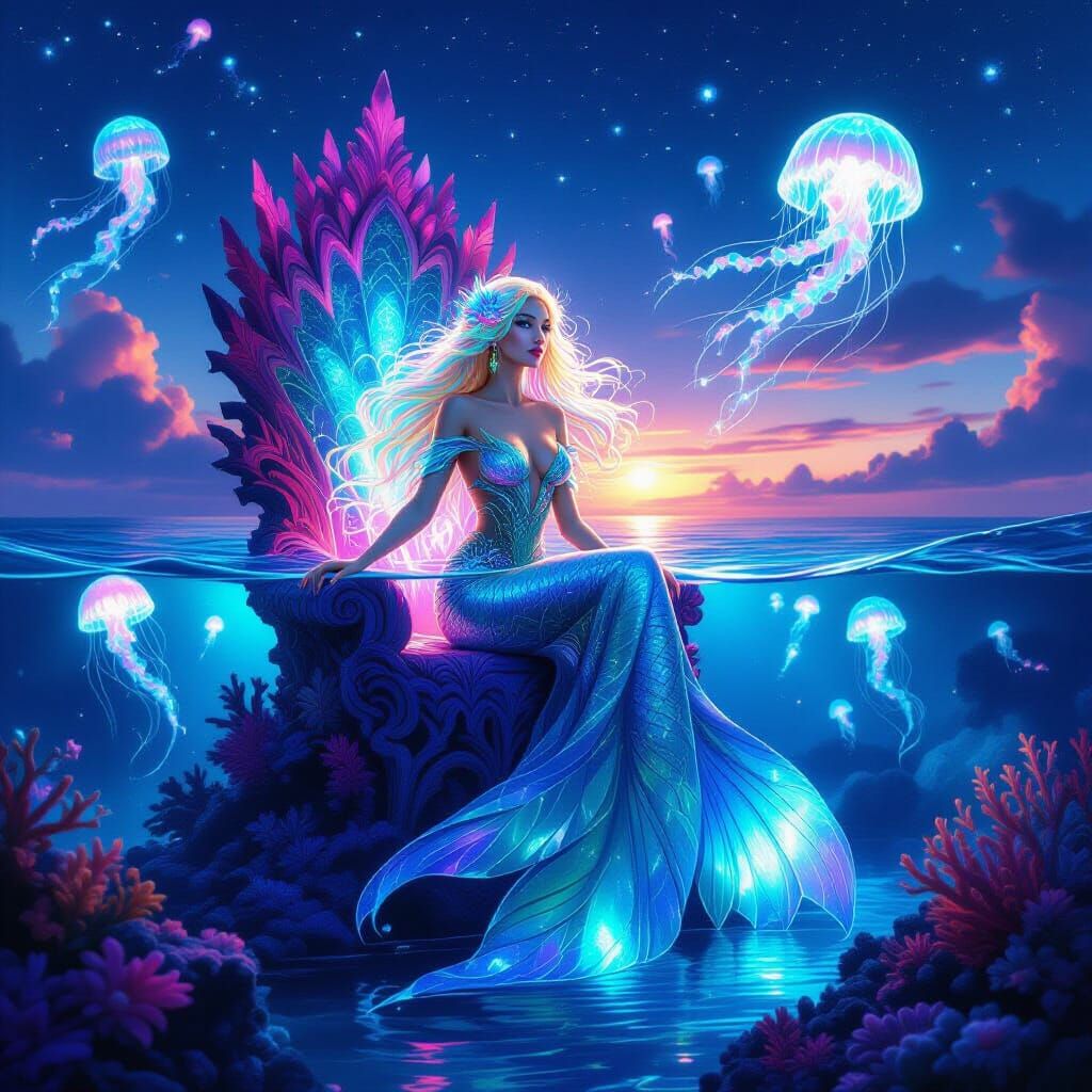 Enchanting Siren on Coral Throne: Fantasy Realism Art