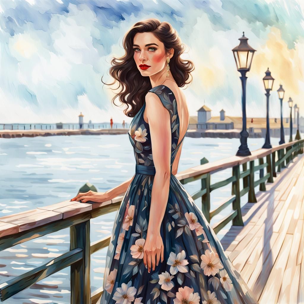 Vintage Woman on Boardwalk in Watercolor Style