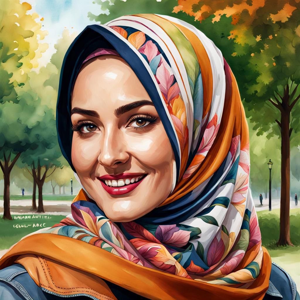Beautiful Hijabi Student Portrait in Watercolor
