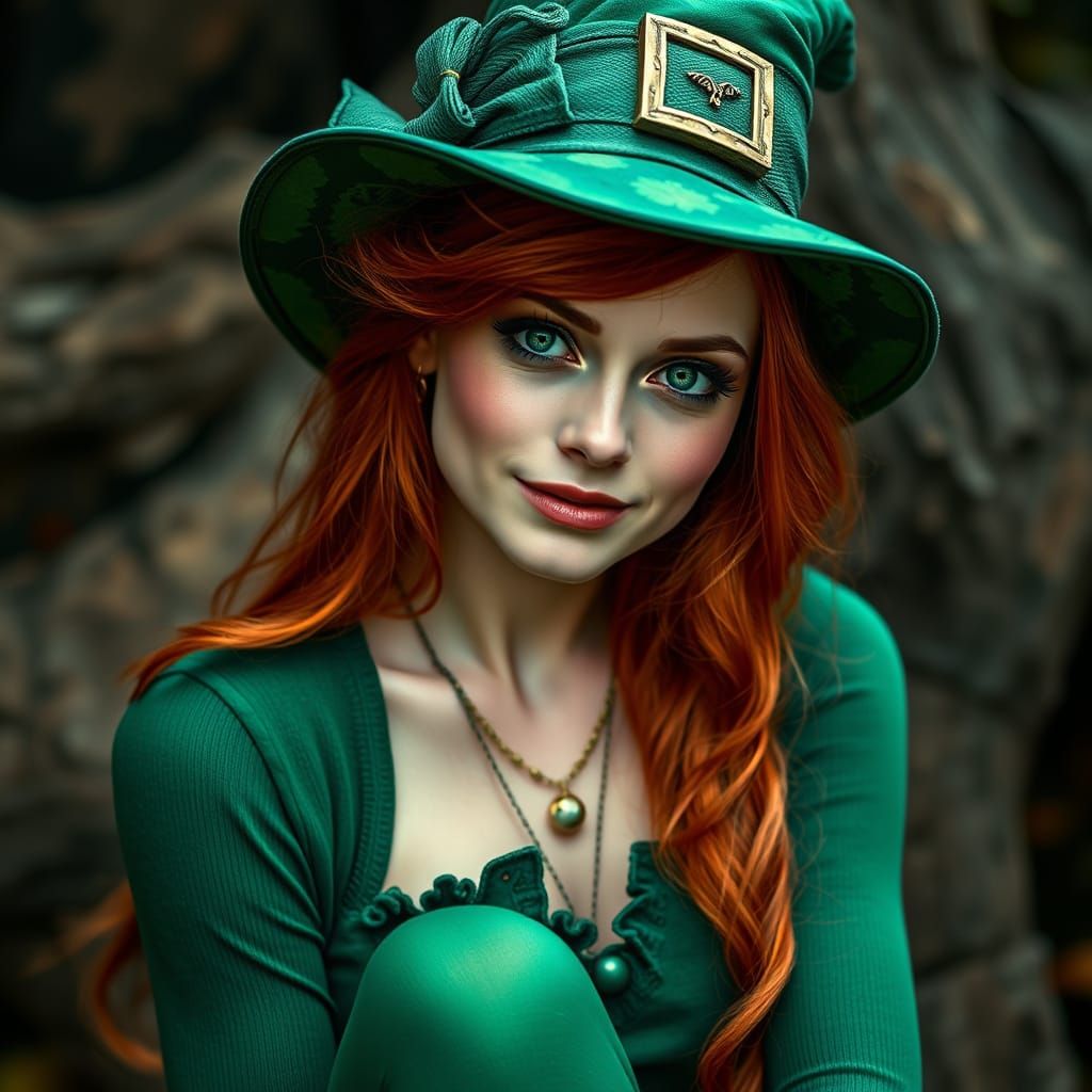 Enchanting Leprechaun Woman in Emerald Attire
