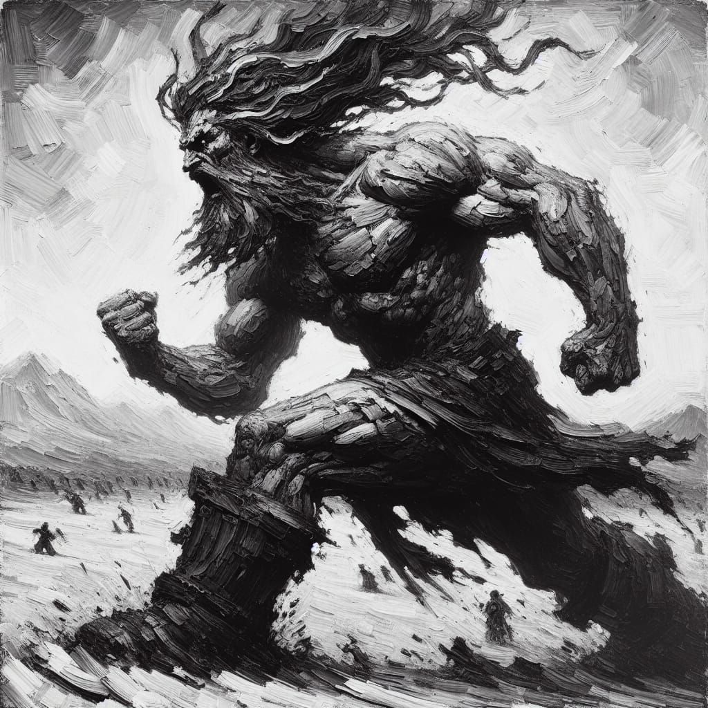 Expressionist Masterpiece: Fierce Warrior in Turbulent Waste...