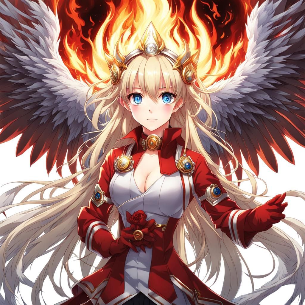 Anime Girl with Red Wings and Silver Flames