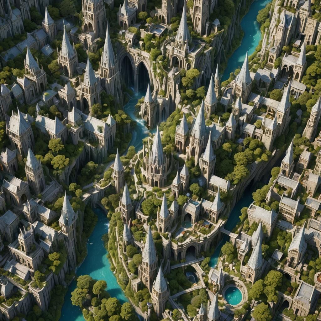 Elven City Aerial View with Crystalline Architecture