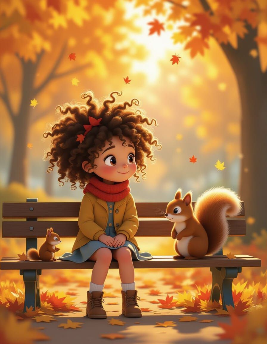 Adorable Girl Watches Squirrels in Autumn Park