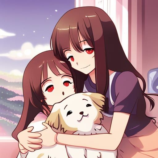 Anime Sisters Hugging with Dog