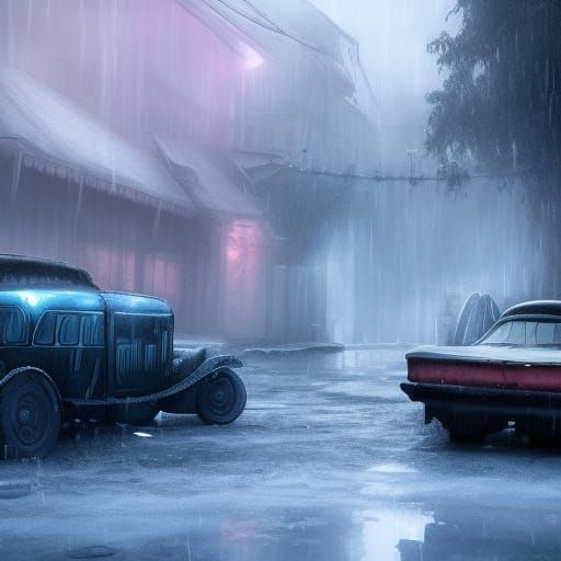 Old Cars in Frozen Rain: Detailed Matte Painting