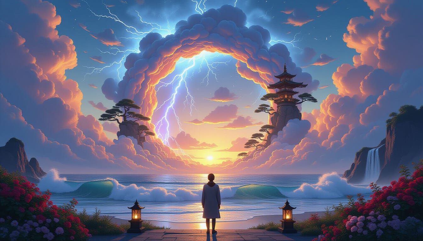 Surreal Garden with Elemental Stargate in Fantasycore Style