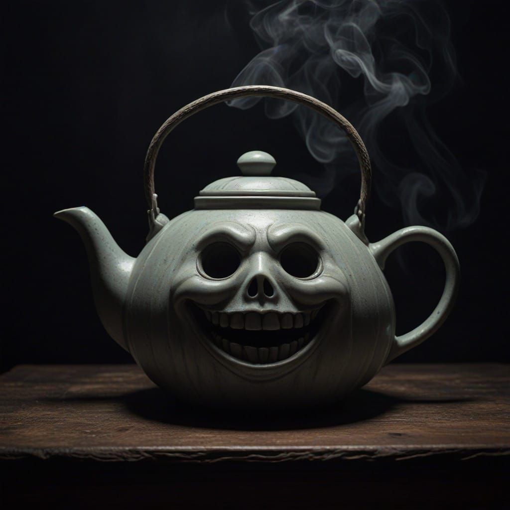 Ethereal Teapot Ghost in Dark, Haunting Atmosphere