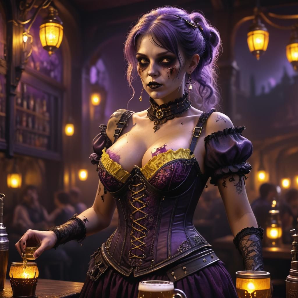 Zombie Bar Wench Serving Drinks in Dark Fantasy Style