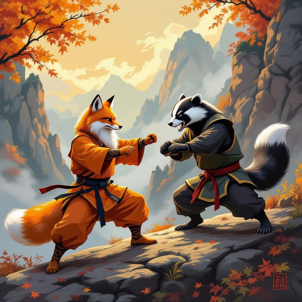 Fox Kung Fu Master Battles Badger on Mountain Cliff