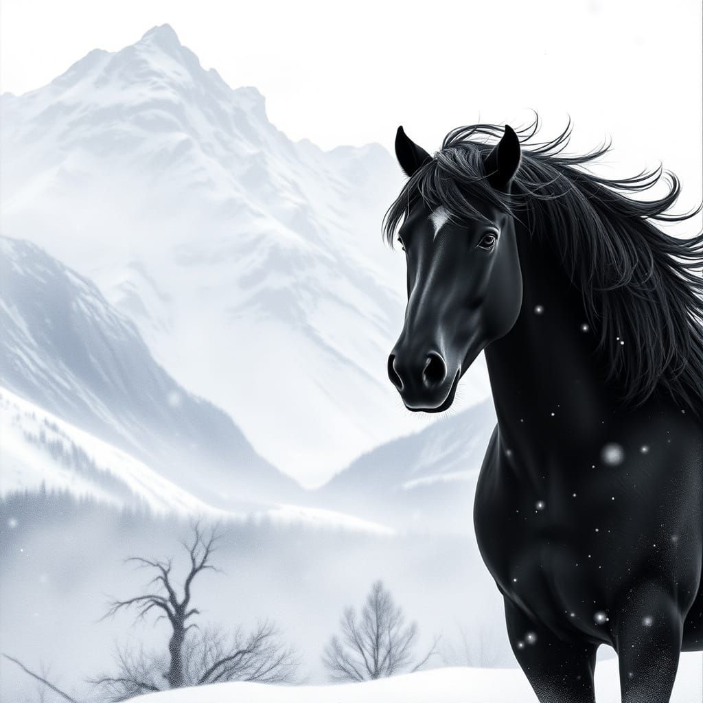 Regal Black Horse in Winter Wonderland with Snow-Capped Moun...