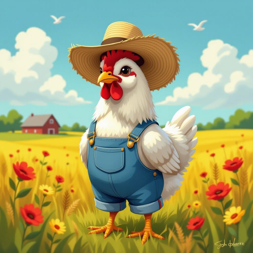 Whimsical Chicken Farmer in Vibrant Rural Field