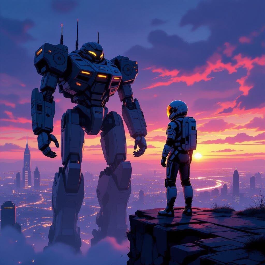 Astronaut on Mech Cityscape at Dusk in Neofuturistic Style