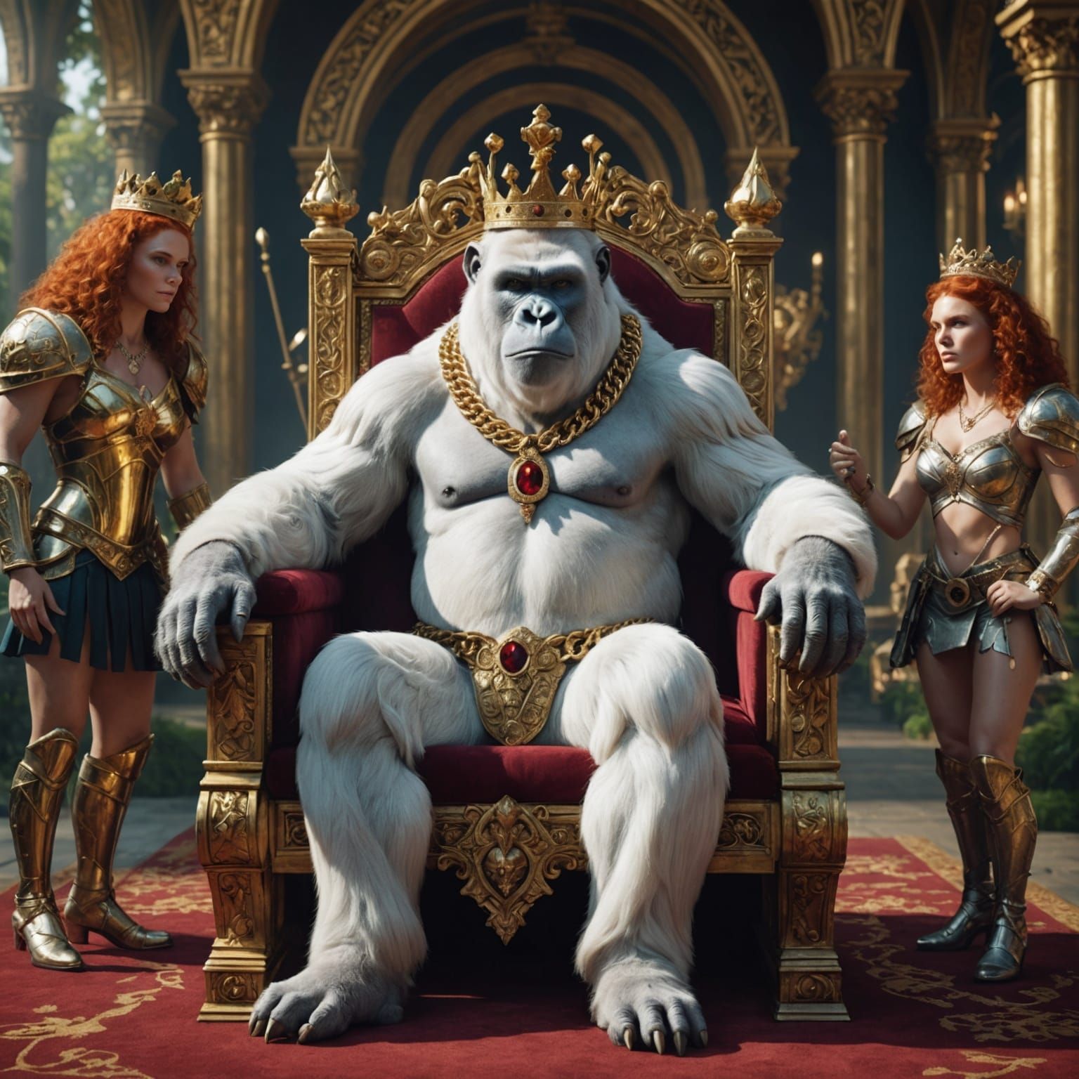 Crowned Gorilla King Surrounded by Redhead Adoration