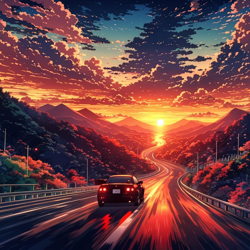 Anime Style Mountain Road Sunset Drive