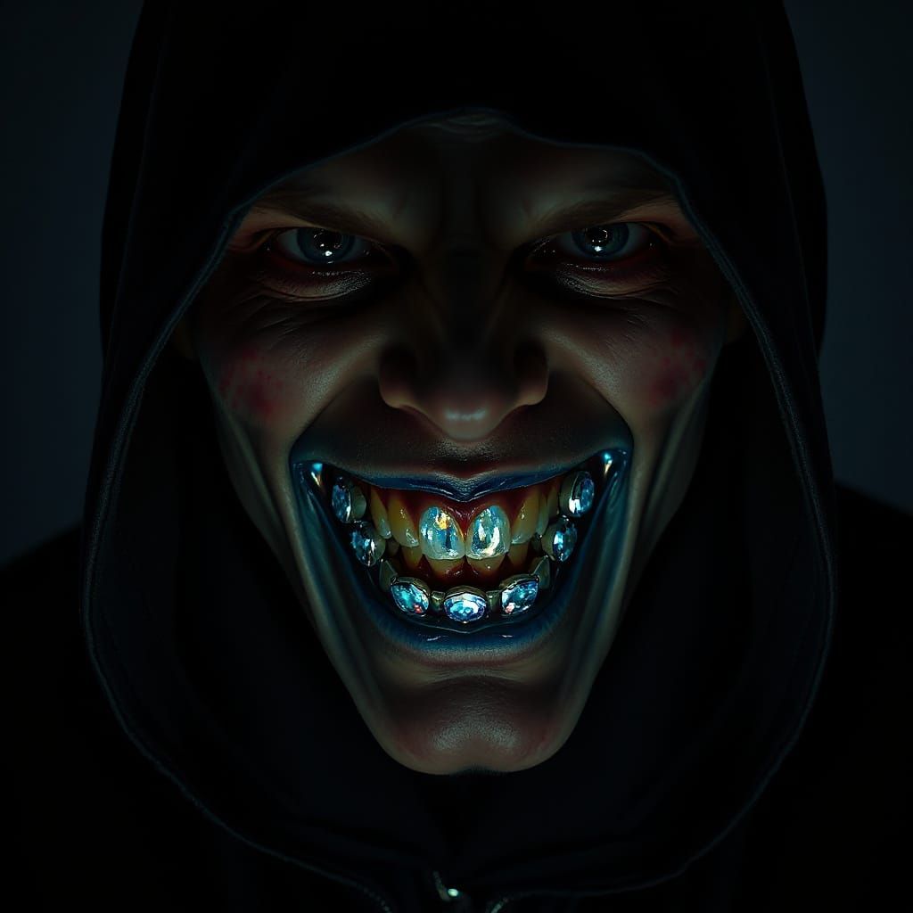 Evil Smirk: Sapphire Teeth in Eerie Portrait