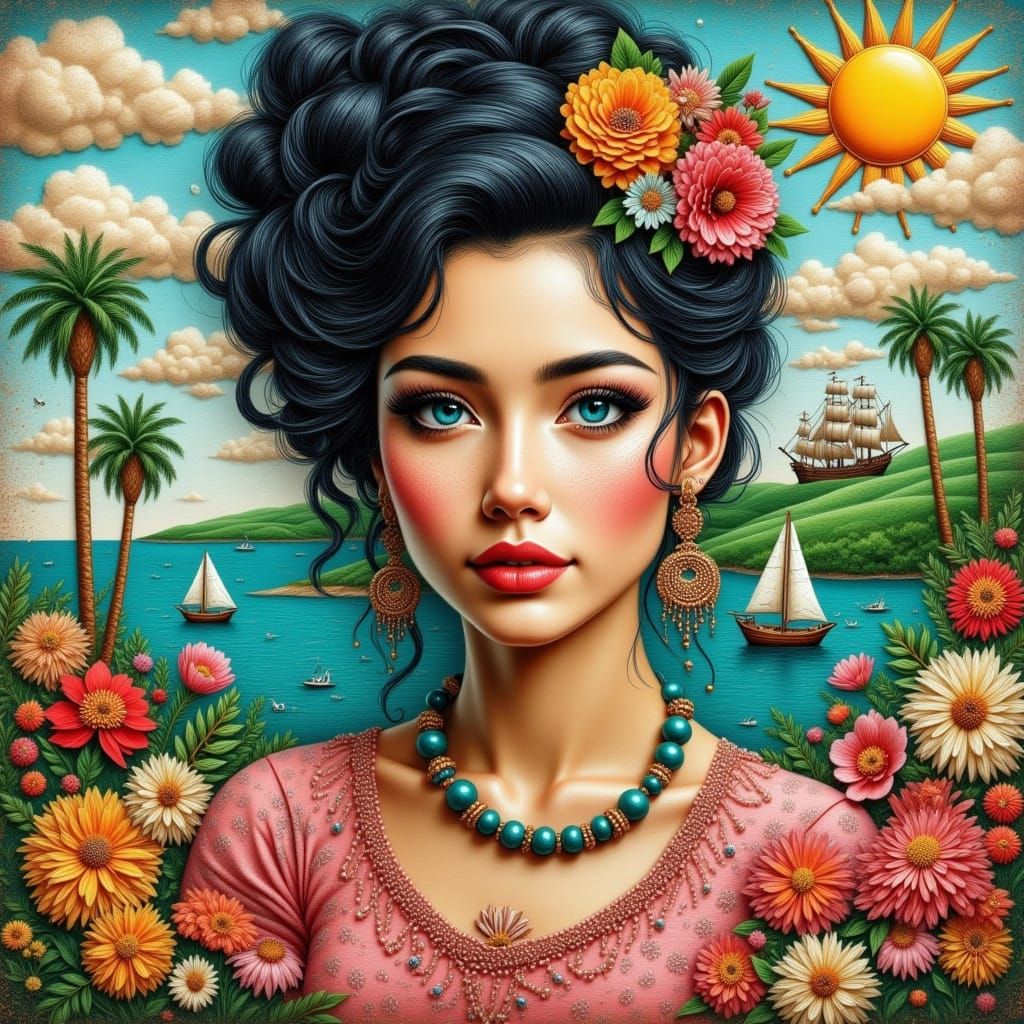 Collage Portrait of Raven-Haired Woman in Pop Art Style