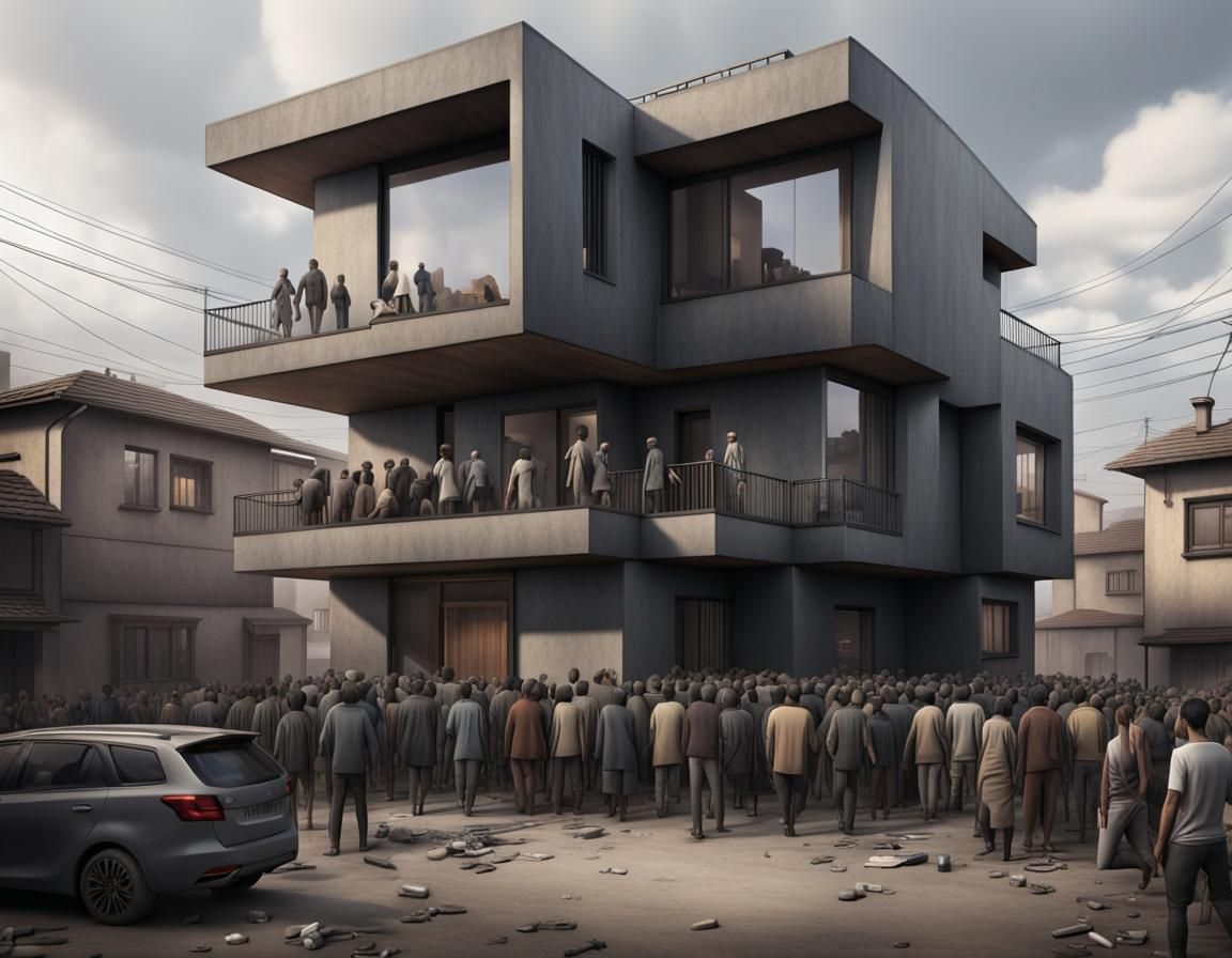 Modern House Besieged by Impoverished Mob
