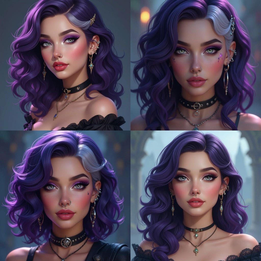 Woman with Purple and Silver Wavy Hair and Grey Eyes