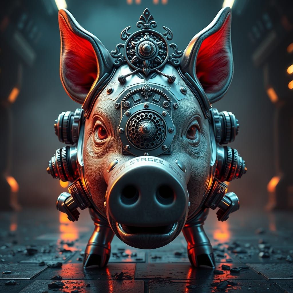 Dreaming Pig-Man Head with Mechanical Details