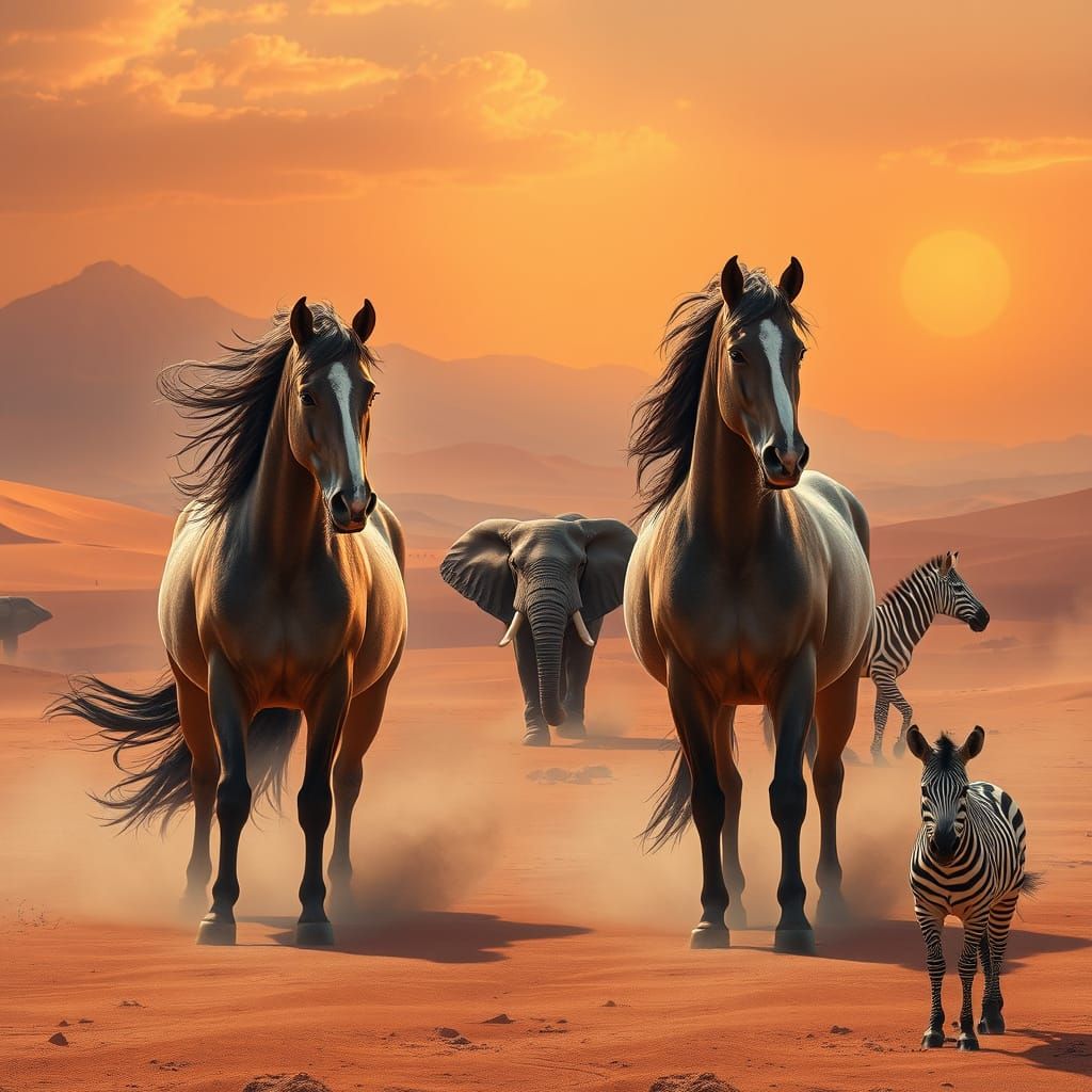 Majestic Horses in Desert Dreamscape with Elephant and Zebra