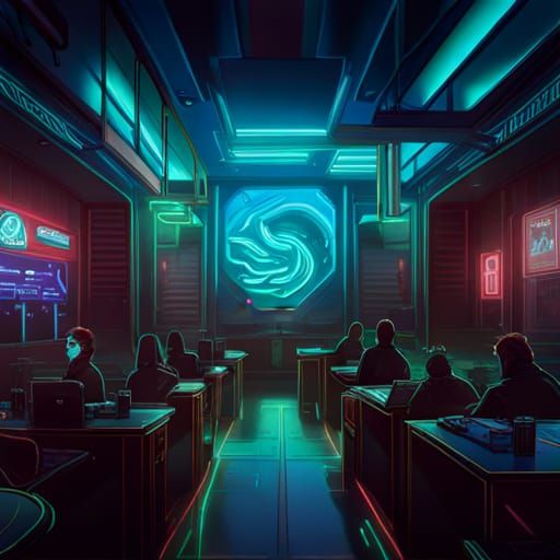 Cyberpunk Cafe Interior with Neon Signage